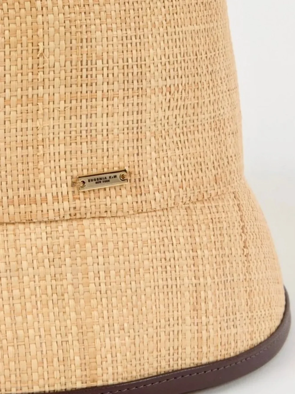 EUGENIA KIM | Natural Raffua Bucket Hat with Vegan Leather Binding at Brim Edge